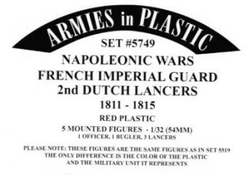 Five Lancers, 2nd Dutch Lancers, French Imperial Guard, Napoleonic Wars, 1811-1815--5 mounted figures in 5 poses (1 Officer, 1 Bugler, 3 Troopers) (red plastic) Five Lancers, 2nd Dutch Lancers, French Imperial Guard, Napoleonic Wars, 1811-1815--5 mounted figures in 5 poses (1 Officer, 1 Bugler, 3 Troopers) (red plastic) #51451