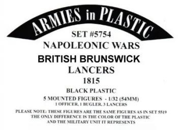 Five Lancers, British Brunswick Lancers, Napoleonic Wars, 1815--5 mounted figures in 5 poses (1 Officer, 1 Bugler, 3 Troopers) (black plastic) Five Lancers, British Brunswick Lancers, Napoleonic Wars, 1815--5 mounted figures in 5 poses (1 Officer, 1 Bugler, 3 Troopers) (black plastic) #51452