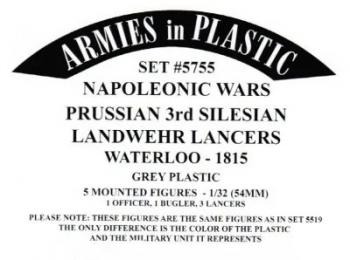 Five Lancers, Prussian 3rd Silesian Landwehr Lancers, Waterloo, Napoleonic Wars, 1815--5 mounted figures in 5 poses (1 Officer, 1 Bugler, 3 Troopers) (grey plastic) Five Lancers, Prussian 3rd Silesian Landwehr Lancers, Waterloo, Napoleonic Wars, 1815--5 mounted figures in 5 poses (1 Officer, 1 Bugler, 3 Troopers) (grey plastic) #51453