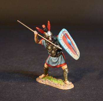 Samnite Warrior (blue tunic with red trim), The Samnites, Armies and Enemies of Ancient Rome--single figure with spear raised overhand ready stab downward and shield raised Samnite Warrior (blue tunic with red trim), The Samnites, Armies and Enemies of Ancient Rome--single figure with spear raised overhand ready stab downward and shield raised #51497