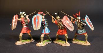 Samnite Warriors (2 with red tunics; 2 with blue tunics with red trim), The Samnites, Armies and Enemies of Ancient Rome--four figures with spears raised overhand ready stab downward and shields raised Samnite Warriors (2 with red tunics; 2 with blue tunics with red trim), The Samnites, Armies and Enemies of Ancient Rome--four figures with spears raised overhand ready stab downward and shields raised #51498