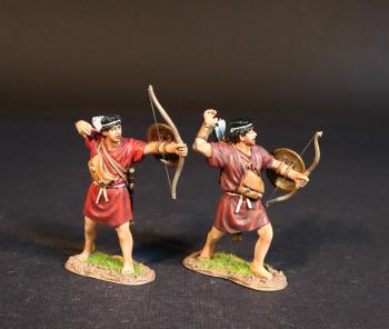 Two Cretan Archers, Armies and Enemies of Ancient Greece and Macedonia--two figures with bows and bucklers (having loosed (red tunic); reaching for arrow (maroon tunic))  Two Cretan Archers, Armies and Enemies of Ancient Greece and Macedonia--two figures with bows and bucklers (having loosed (red tunic); reaching for arrow (maroon tunic))  #51502