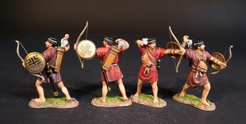 Four Cretan Archers, Armies and Enemies of Ancient Greece and Macedonia--four figures with bows and bucklers (2 having loosed (red tunic); 2 reaching for arrow (maroon tunic))  Four Cretan Archers, Armies and Enemies of Ancient Greece and Macedonia--four figures with bows and bucklers (2 having loosed (red tunic); 2 reaching for arrow (maroon tunic))  #51503