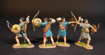 Four Cretan Archers, Armies and Enemies of Ancient Greece and Macedonia--four figures with bows and bucklers (2 having loosed (blue tunic); 2 reaching for arrow (grey tunic))  Four Cretan Archers, Armies and Enemies of Ancient Greece and Macedonia--four figures with bows and bucklers (2 having loosed (blue tunic); 2 reaching for arrow (grey tunic))  #51505