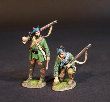 Two Rangers (standing with musket and axe; kneeling looking at tracks), Roger's Rangers, The Raid on St. Francis, 1759, The French and Indian War, 1754-1763--two figures Two Rangers (standing with musket and axe; kneeling looking at tracks), Roger's Rangers, The Raid on St. Francis, 1759, The French and Indian War, 1754-1763--two figures #51509