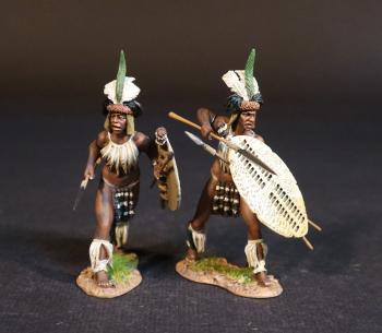 Two Zulu Warriors (advancing open stance; stabbing over shield), The uThulwana Regiment, The Zulu Impi, Battle of Gingindhlovu, 2nd April 1879--two figures with asegai and shield Two Zulu Warriors (advancing open stance; stabbing over shield), The uThulwana Regiment, The Zulu Impi, Battle of Gingindhlovu, 2nd April 1879--two figures with asegai and shield #51521