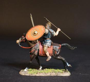 Roman Auxiliary Cavalryman with Red Shield, Roman Auxiliary Cavalry, Armies and Enemies of Ancient Rome--single mounted figure with equipped shield and two spears in hand, spear raised to throw Roman Auxiliary Cavalryman with Red Shield, Roman Auxiliary Cavalry, Armies and Enemies of Ancient Rome--single mounted figure with equipped shield and two spears in hand, spear raised to throw #51677