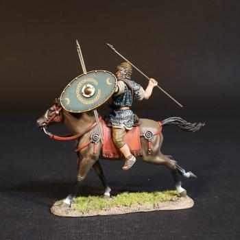 Roman Auxiliary Cavalryman with Green Shield, Roman Auxiliary Cavalry, Armies and Enemies of Ancient Rome--single mounted figure with equipped shield and two spears in hand, spear raised to throw Roman Auxiliary Cavalryman with Green Shield, Roman Auxiliary Cavalry, Armies and Enemies of Ancient Rome--single mounted figure with equipped shield and two spears in hand, spear raised to throw #51680