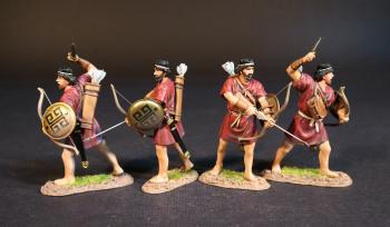 Four Cretan Archers (red tunics), Armies and Enemies of Ancient Greece and Macedonia--four figures with bows and bucklers (2 drawing bows; 2 with raised swords & lowered bows) Four Cretan Archers (red tunics), Armies and Enemies of Ancient Greece and Macedonia--four figures with bows and bucklers (2 drawing bows; 2 with raised swords & lowered bows) #51683