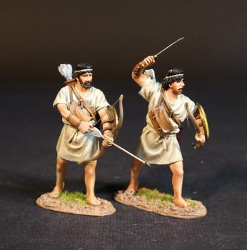 Two Cretan Archers (tan tunics), Armies and Enemies of Ancient Greece and Macedonia--two figures with bows and bucklers (1 drawing bow; 1 with raised sword & lowered bow) Two Cretan Archers (tan tunics), Armies and Enemies of Ancient Greece and Macedonia--two figures with bows and bucklers (1 drawing bow; 1 with raised sword & lowered bow) #51684