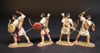 Four Cretan Archers (tan tunics), Armies and Enemies of Ancient Greece and Macedonia--four figures with bows and bucklers (2 drawing bows; 2 with raised swords & lowered bows) Four Cretan Archers (tan tunics), Armies and Enemies of Ancient Greece and Macedonia--four figures with bows and bucklers (2 drawing bows; 2 with raised swords & lowered bows) #51685