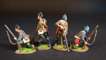 Image of Four Rangers (2 standing with muskets pointed down; 2 kneeling at the ready), Roger's Rangers, The Raid on St. Francis, 1759, The French and Indian War, 1754-1763--four figures Image of Four Rangers (2 standing with muskets pointed down; 2 kneeling at the ready), Roger's Rangers, The Raid on St. Francis, 1759, The French and Indian War, 1754-1763--four figures