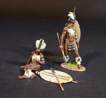 Two Zulu Warriors (standing, holding asegai down; seated wounded, hand to chest, shield and asegai on ground), The uThulwana Regiment, The Zulu Impi, Battle of Gingindhlovu, 2nd April 1879--two figures with asegai and shield Two Zulu Warriors (standing, holding asegai down; seated wounded, hand to chest, shield and asegai on ground), The uThulwana Regiment, The Zulu Impi, Battle of Gingindhlovu, 2nd April 1879--two figures with asegai and shield #51701