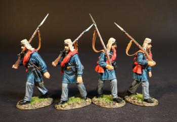 Four Militiamen (two bearded; two clean-shaven), 1st Regiment, Rhode Island Detached Militia, The First Battle of Bull Run, 1861, The American Civil War, 1861-1865--four advancing figures wearing kepi and hed scarves Four Militiamen (two bearded; two clean-shaven), 1st Regiment, Rhode Island Detached Militia, The First Battle of Bull Run, 1861, The American Civil War, 1861-1865--four advancing figures wearing kepi and hed scarves #51705