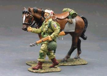 Image of U.S. Paratrooper Walking/Holding Horse--single figure and single horse figure--RETIRED.