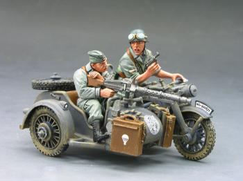 Image of German Fallschirmjager--Motorcycle Combo in Action--two figures in motorcycle with sidecar--RETIRED.