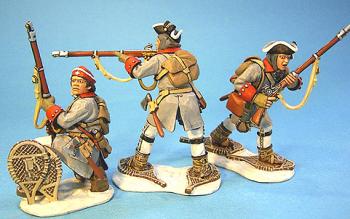 Image of French Regulars Skirmishing, Regiment de La Reine, Battle on Snowshoes, 1758--three figures--RETIRED--LAST ONE!! Image of French Regulars Skirmishing, Regiment de La Reine, Battle on Snowshoes, 1758--three figures--RETIRED--LAST ONE!!