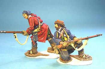 Image of French Militia, Set 2, Battle on Snowshoes, 1758--two figures skirmishing--RETIRED--LAST ONE!! Image of French Militia, Set 2, Battle on Snowshoes, 1758--two figures skirmishing--RETIRED--LAST ONE!!