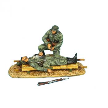 Image of German Medic and Wounded Soldier on Stretcher--two figures and rifle--RETIRED.