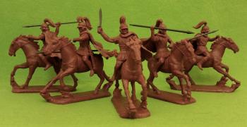 Allied Greek Cavalry--1 Officer, 2 armored Cavalrymen with spears and 2 Light Cavalrymen with javelins--five mounted figures Allied Greek Cavalry--1 Officer, 2 armored Cavalrymen with spears and 2 Light Cavalrymen with javelins--five mounted figures #34214