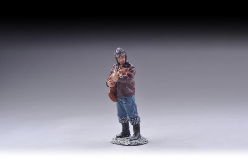 Hans Phillip in brown leather jacket with fox cub on snow base--single figure #1