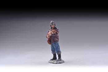 Image of Hans Phillip in brown leather jacket with fox cub on snow base--single figure--RETIRED--LAST ONE!!
