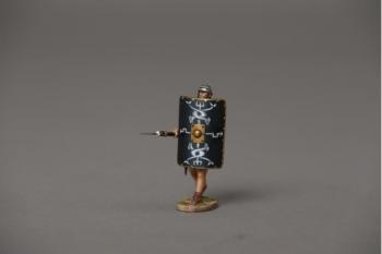 Image of Front Rank Roman Legionnaire advancing with Pila lowered (no pants) (30th Legion black shield)--single figure (formerly ROM001E)--RETIRED--LAST THREE!!