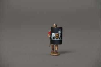 Image of Front Rank Roman Legionnaire advancing with Pila lowered (no pants) (9th Legion black shield)--single figure (formerly ROM001F)--RETIRED--LAST ONE!! Image of Front Rank Roman Legionnaire advancing with Pila lowered (no pants) (9th Legion black shield)--single figure (formerly ROM001F)--RETIRED--LAST ONE!!