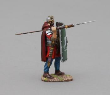 Image of Legionnaire Wearing Cloak & Throwing Pilum (6th Legion green shield with Silver Boss)--single figure--RETIRED--LAST TWO!!