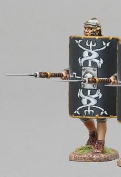 Image of Second Rank Legionnaire Advancing with Pilum Lowered, Wearing Scale Armor (30th Legion Lightning Bolt Shield with silver shield boss)--single figure--RETIRED--LAST ONE!!