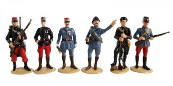 Image of 2018 Christmas set--The French Army, The First World War--six figures (Marshal Fosh, Officer Line Infantry, 2nd Lieutenant, Private Chasseurs Alpine, Trooper Chasseurs a Cheval, and Private Line Infantry)
