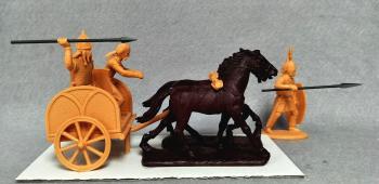 Image of War Chariot (Galatian)--chariot model, 2 horse models, and 3 model soldiers