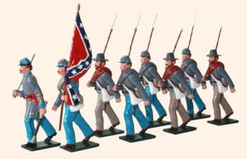 Image of Confederate Infantry Marching with flag--Officer, Sergeant, Drummer, & five Privates