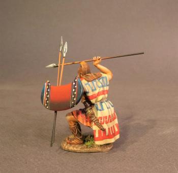 Image of Crouching Thracian Peltist (red shield w/blue tips & 2 thin stripes), 4th Century BCE, Armies and Enemies of Ancient Greece and Macedonia--single figure--RETIRED--LAST TWO!!