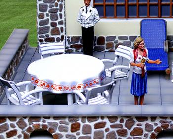 Image of LAH Berghof Furniture Set--table with tablecloth, four chairs, & blue chaise lounge--RETIRED--LAST ONE!! Image of LAH Berghof Furniture Set--table with tablecloth, four chairs, & blue chaise lounge--RETIRED--LAST ONE!!