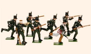The 95th Rifles, 1810 Painted--Officer, Sergeant, Bugler, and five Rifleman--eight figures--Special Order:  Takes 2 to 3 months. The 95th Rifles, 1810 Painted--Officer, Sergeant, Bugler, and five Rifleman--eight figures--Special Order:  Takes 2 to 3 months. #41641