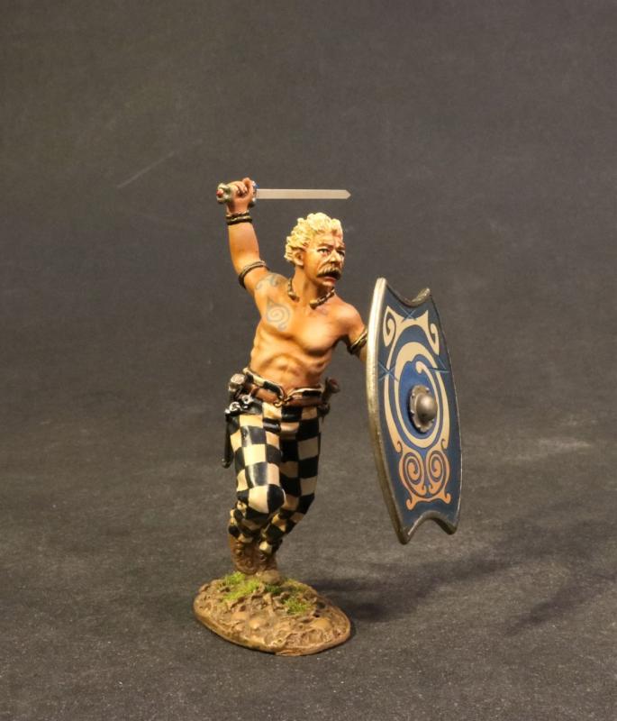 Iceni Warrior Charging (oblong blue shield with elaborate gold whirl designs), Armies and Enemies of Ancient Rome--single figure #1