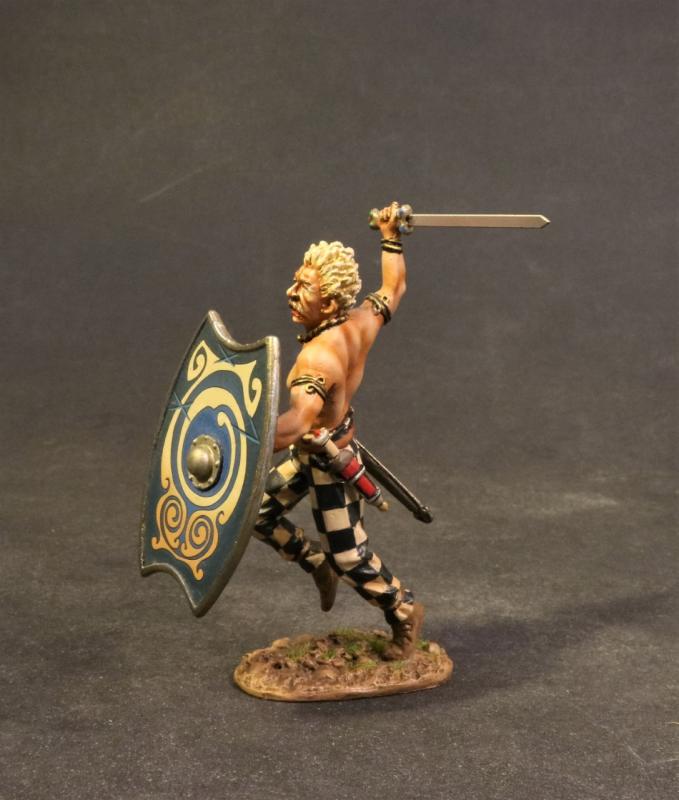 Iceni Warrior Charging (oblong blue shield with elaborate gold whirl designs), Armies and Enemies of Ancient Rome--single figure #2