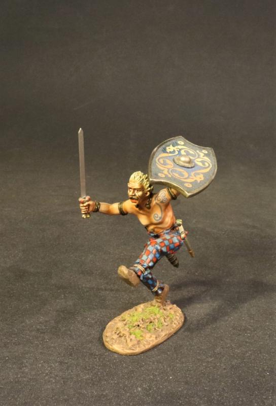Iceni Warrior Charging (kicking forward, blue shield with gold spiral designs), Armies and Enemies of Ancient Rome--single figure #1