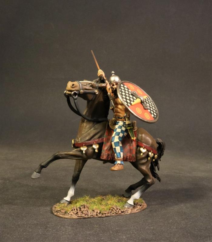 Gaul Cavalry( spear & shield (quartered w/black & white checkers & red w/gold circles)), Ancient Gauls, Armies and Enemies of Ancient Rome--single mounted figure #1
