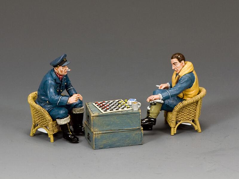 Playing Drafts/Checkers--two seated RAF pilot figures and Board Game #1
