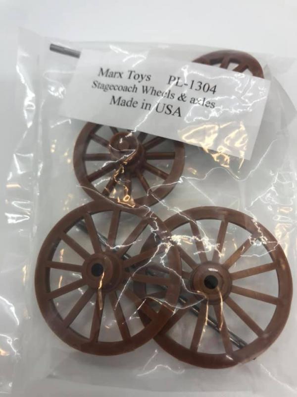 Western Stagecoach Wagon Wheels (4) and 2 Metal axles(Brown). Plastic