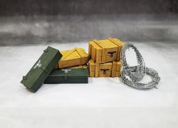 Small Crates (German)--set of 6 (2 each of 3 types) plus 2 coils of barbed wire (approx. 1 m each)--AWAITING RESTOCK. Small Crates (German)--set of 6 (2 each of 3 types) plus 2 coils of barbed wire (approx. 1 m each)--AWAITING RESTOCK. #44229