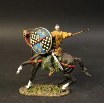 Image of Gaul Cavalry #5A (round shield (quartered:  black/white checks and blue with two round gold designs)), Ancient Gauls, Armies and Enemies of Ancient Rome--single mounted figure