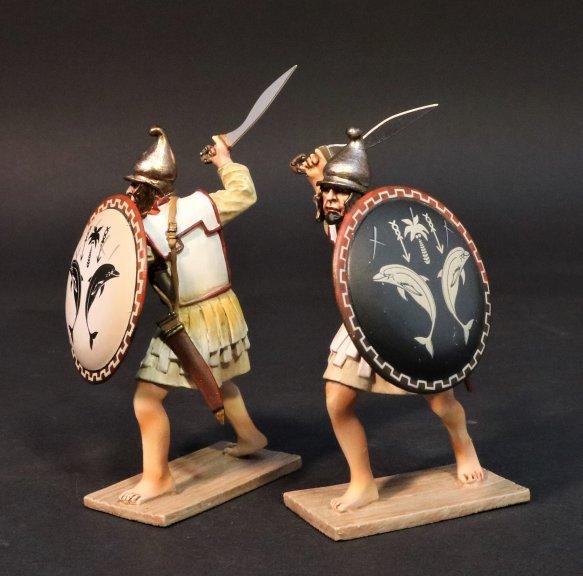 Two Marines (tan shield with two black dolphins, black shield with two white dolphins), The Carthaginians, Armies and Enemies of Ancient Rome--two figures #1