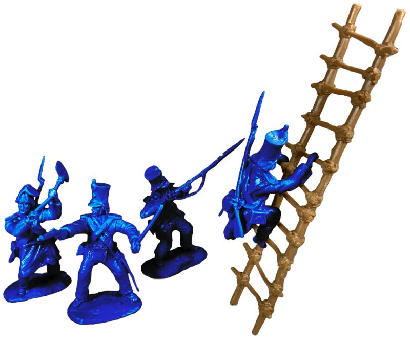 Alamo Mexican Regulars Set #2--12 figures in 4 poses with Swivel and swappable Heads & Hands and two ladders--Dark Blue. #2