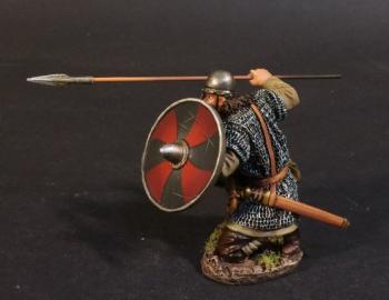 Image of Saxon Fyrdman Crouching with Spear at Shoulder Height #56a (8 alternating red & black wavy wedges on shield), Anglo Saxon/Danes, The Age of Arthur--single figure--RETIRED--LAST ONE!! Image of Saxon Fyrdman Crouching with Spear at Shoulder Height #56a (8 alternating red & black wavy wedges on shield), Anglo Saxon/Danes, The Age of Arthur--single figure--RETIRED--LAST ONE!!