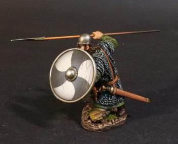 Image of Saxon Fyrdman Crouching with Spear at Shoulder Height #56b (6 alternating black & white wavy wedges on shield), Anglo Saxon/Danes, The Age of Arthur--single figure--RETIRED--LAST ONE!! Image of Saxon Fyrdman Crouching with Spear at Shoulder Height #56b (6 alternating black & white wavy wedges on shield), Anglo Saxon/Danes, The Age of Arthur--single figure--RETIRED--LAST ONE!!