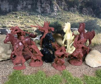Sioux (Plains) Indians--twelve  plastic figures (red Brown) in six poses and four TSSD horses #0