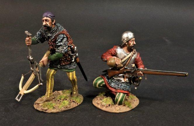 Arquebus and Crossbowman #5 (kneeling loading arquebus, standing loading crossbow), Spanish Conquistadors, Conquest of America--two Conquistador figures #1